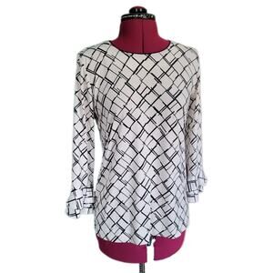 Karl Lagerfeld Paris White & Black Geometric Print Ruffle Bell Sleeve Top sz S
